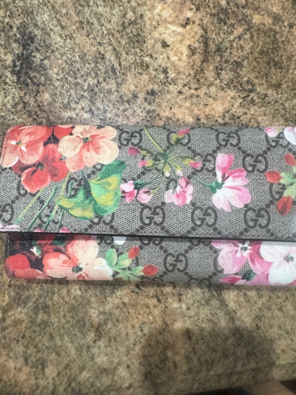 Gucci Floral GG Supreme Continental Wallet - Gray with Pink & Green Accents